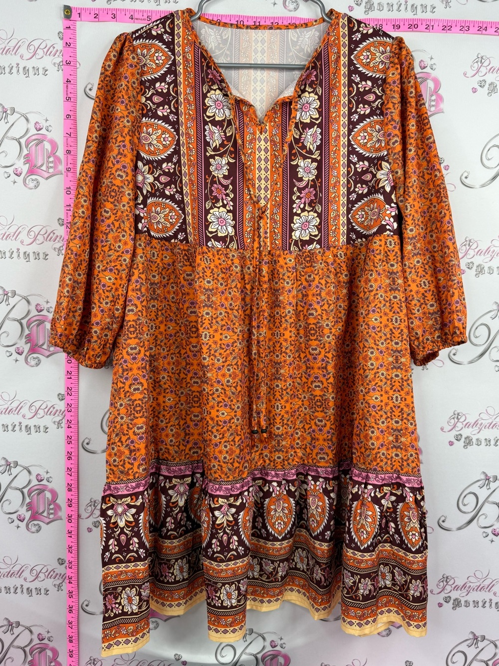 SHEIN dress Orange Floral Boho Midi Dress with Brown Accents